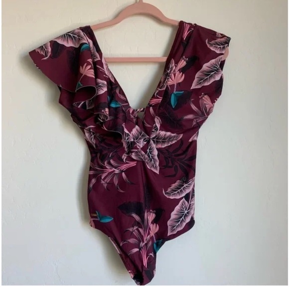 NWT Leonisa Burgundy Floral Deep V Ruffle Shoulder One Piece Swim Suit Sz. Large - Picture 1 of 15